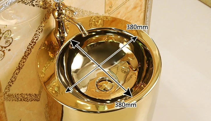 Modern Art Floor Standing Sanitary Ceramics Round Circular Golden Pedestal Wash Basin for Hotel