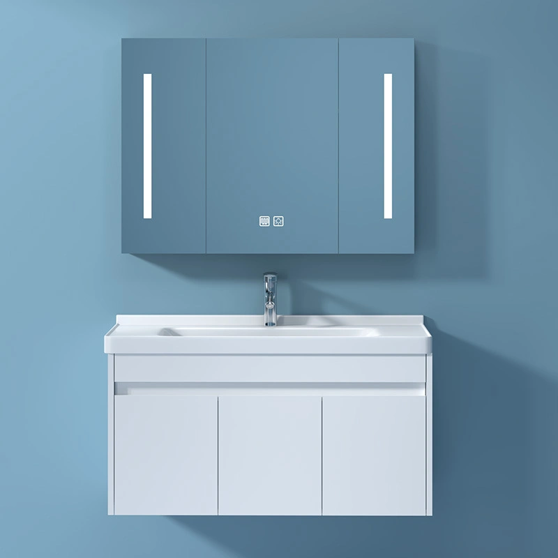 Plywood White Glossy Finish Modern Bathroom Cabinet with Ceramic Basin