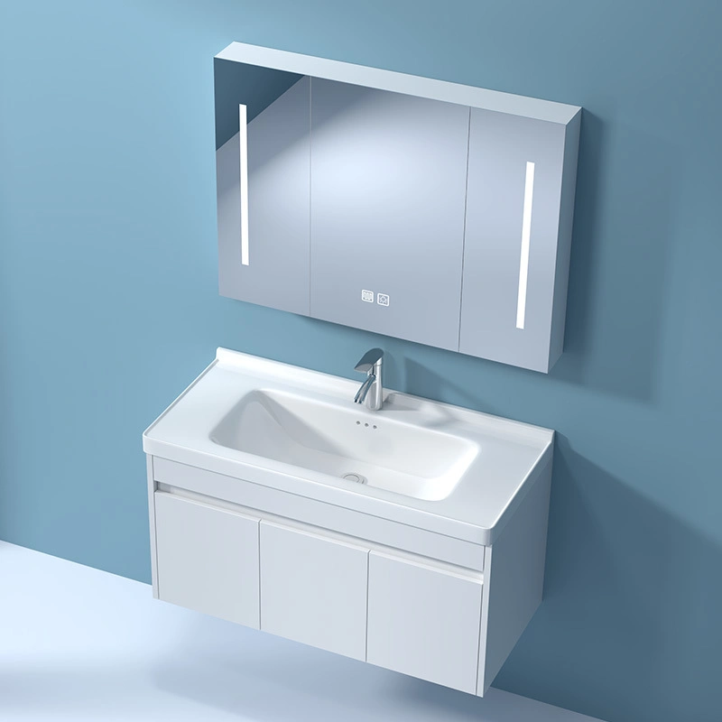 Plywood White Glossy Finish Modern Bathroom Cabinet with Ceramic Basin