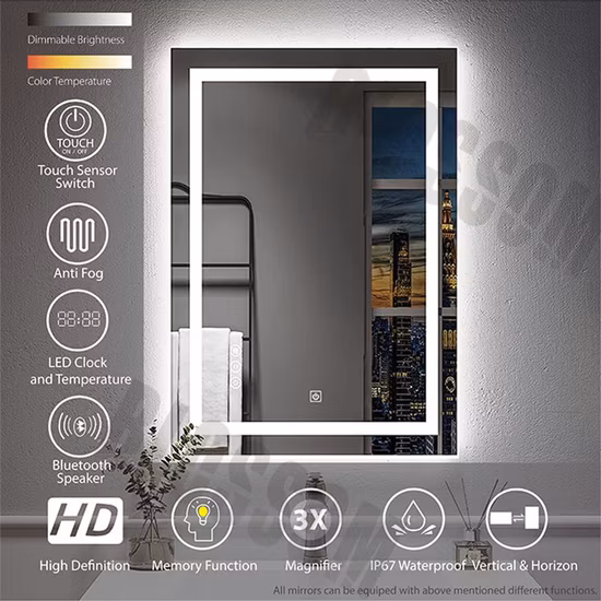 LED-Defogger-beleuchteter, intelligenter Bluetooth-Badezimmerspiegel mit Digitaluhr