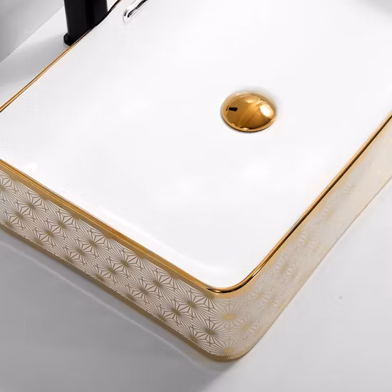 Goldenes Aufsatz-Rechteckwaschbecken aus Keramik, handgalvanisiertes Kunstbecken