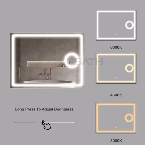 Ortonbath Vorder- und Hintergrundbeleuchtung, stufenlos dimmbare Wandspiegel mit Antibeschlag, bruchsicher, Memory, 3 Farben, Doppel-LED-Waschtisch