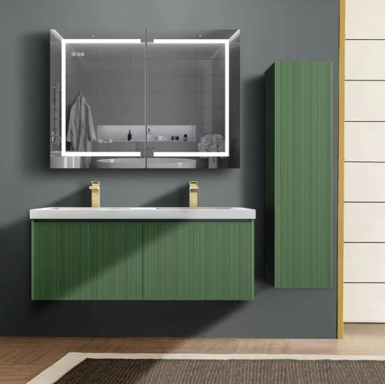 Der freistehende Badezimmer-Waschtischschrank im modernen Stil mit Doppelwaschbecken vereint einen Schminkspiegel mit einer Keramikplatte und LED-Spiegelmöbeln